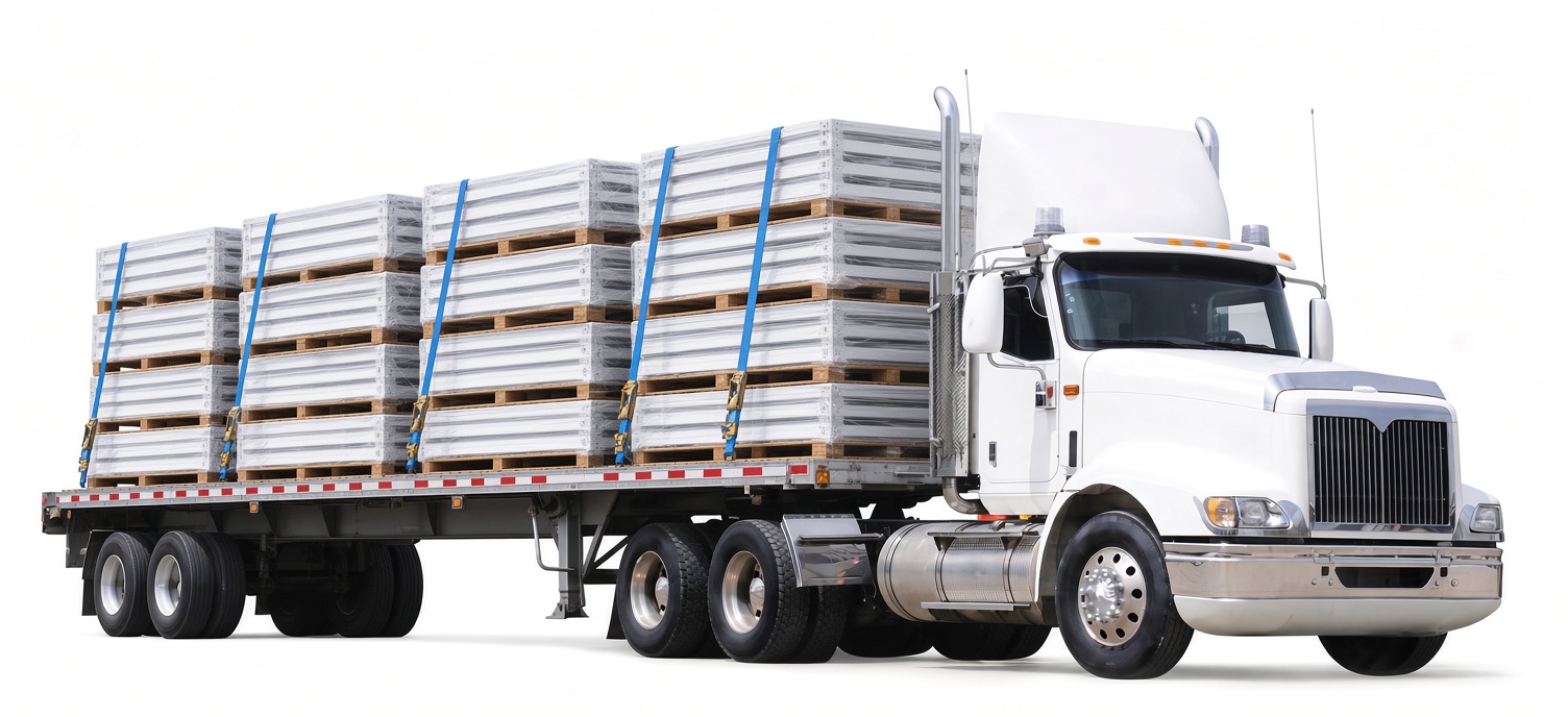 Flatbed truck loaded with palletised facility modules