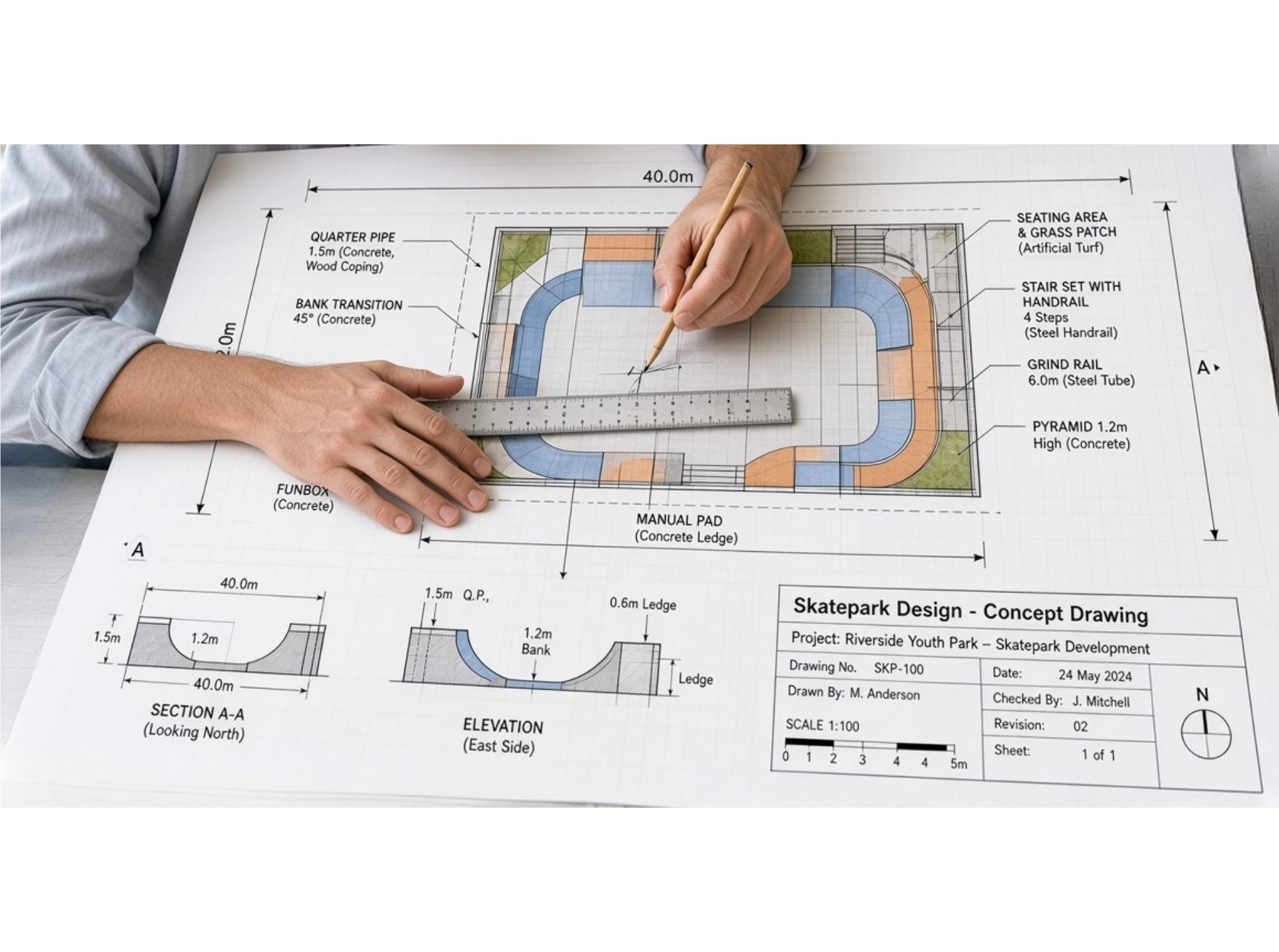 Hand-drawn skatepark concept drawing with annotated dimensions