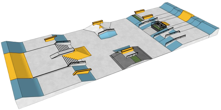 3D render of a street park layout with ledges, rails, stairs and quarter pipes