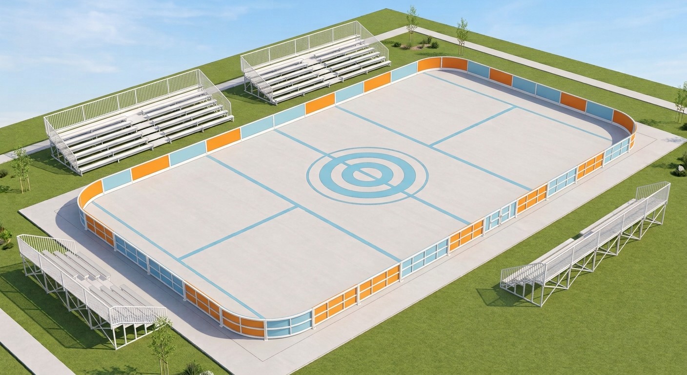 3D render of an artistic roller skating floor, aerial view with center circle markings and grandstand seating