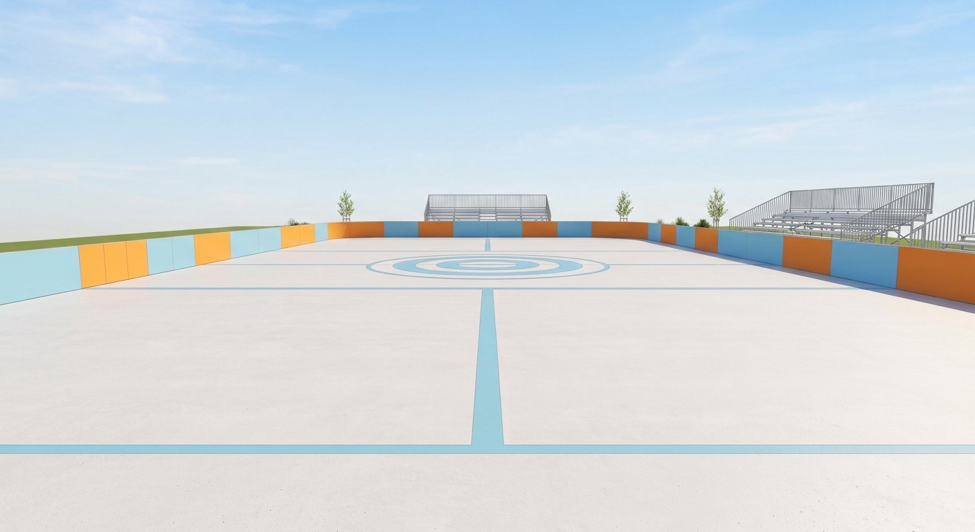 3D render of an artistic roller skating floor, ground-level view across the marked surface