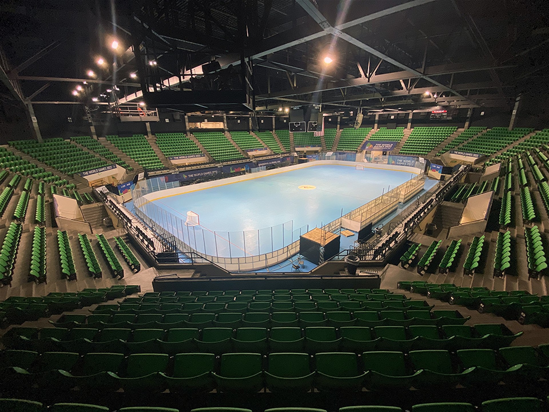 Inline hockey rink installed in the arena bowl at The World Games 2022, Birmingham Alabama