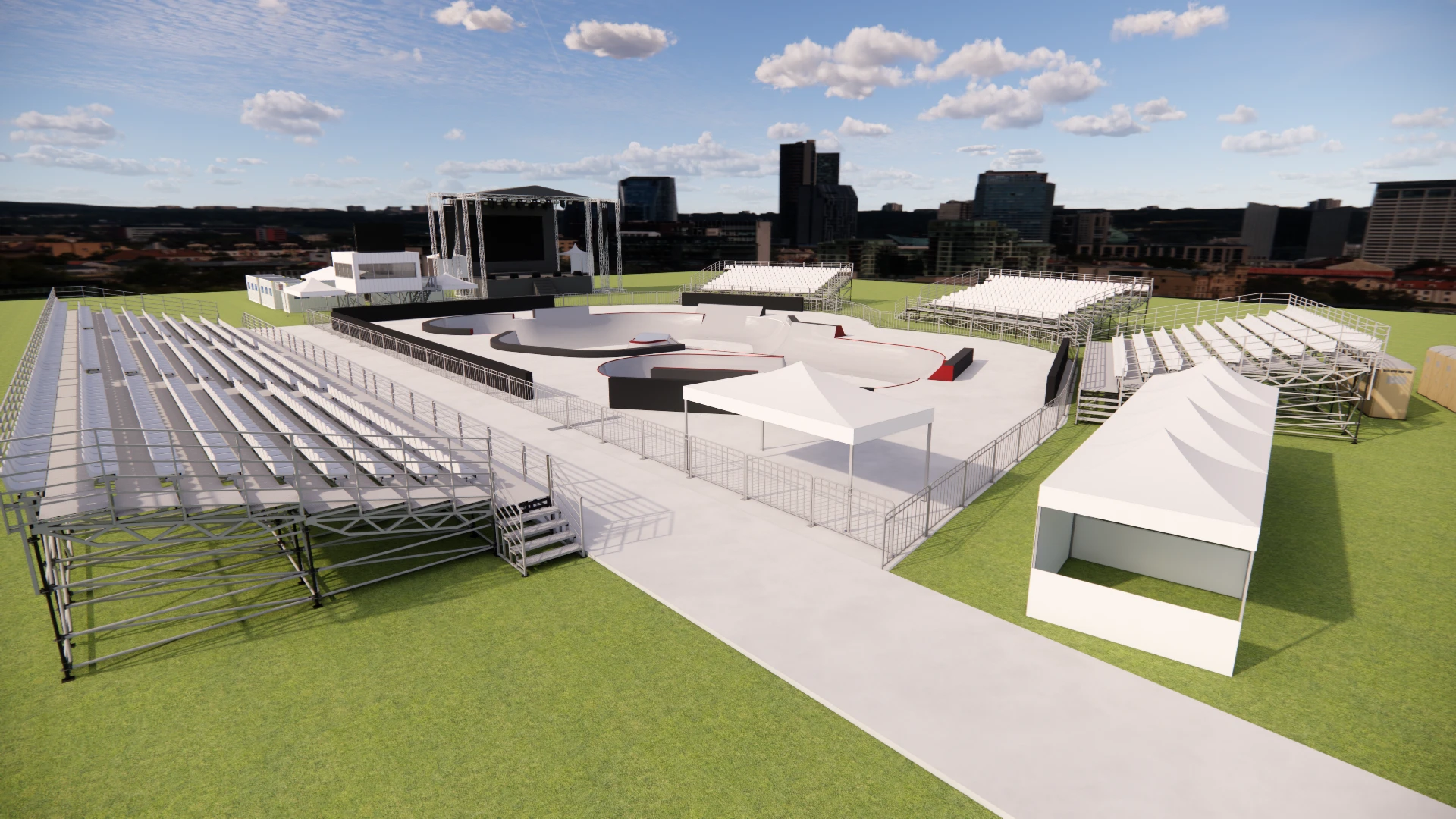 3D render of a park/bowl layout with a circular bowl corner, banks and grandstand seating