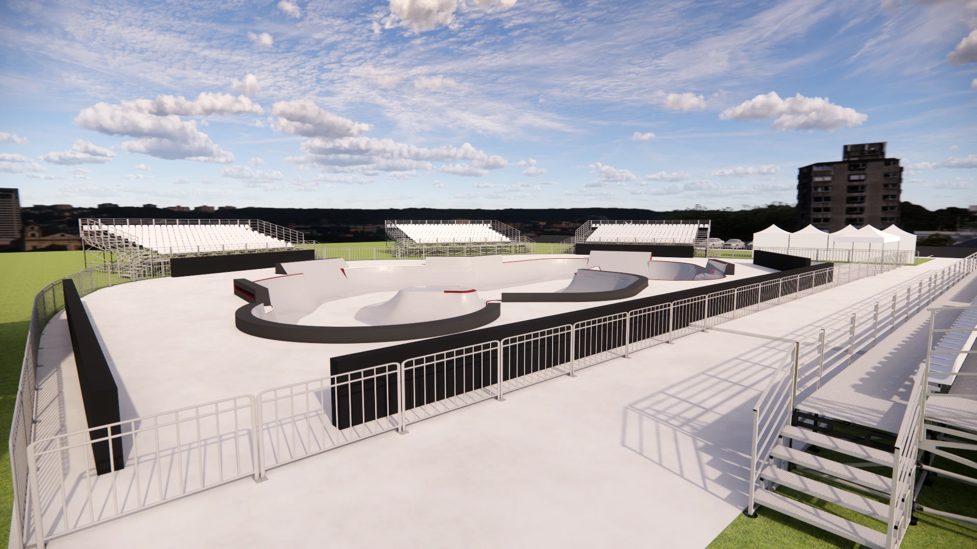 3D render of a park/bowl layout, alternate angle of the bowl corner and grandstands