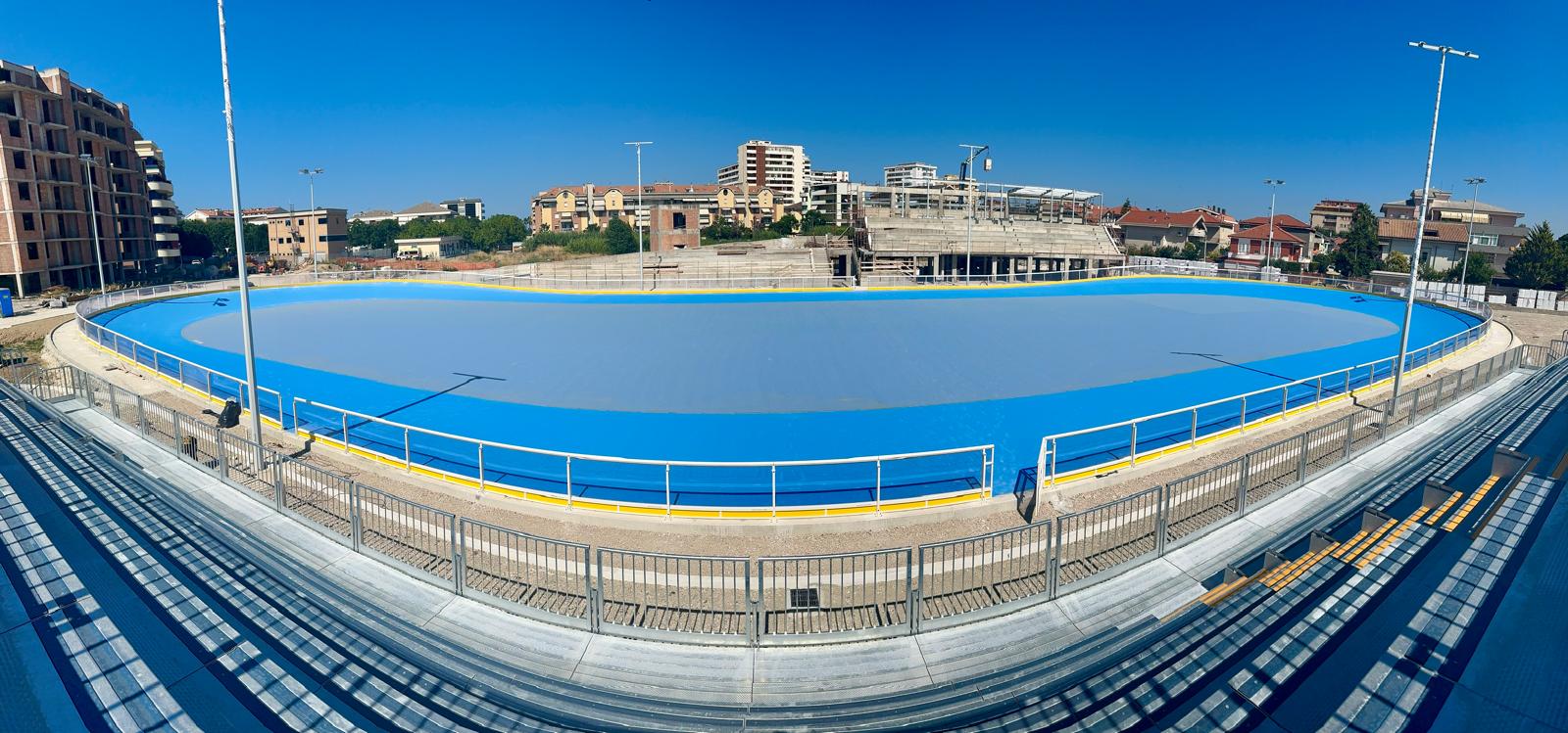 Banked speed track panorama with the stands under construction