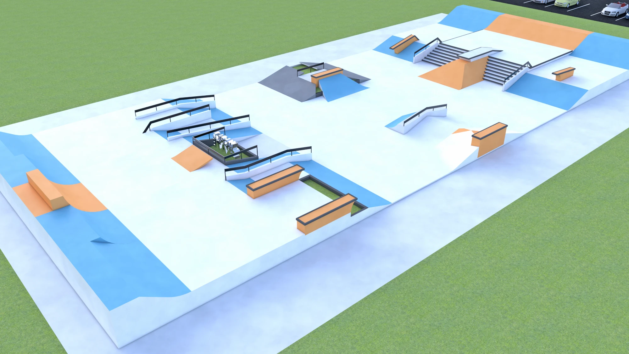 3D render of a street park layout, overhead angle showing rails and a bowl corner