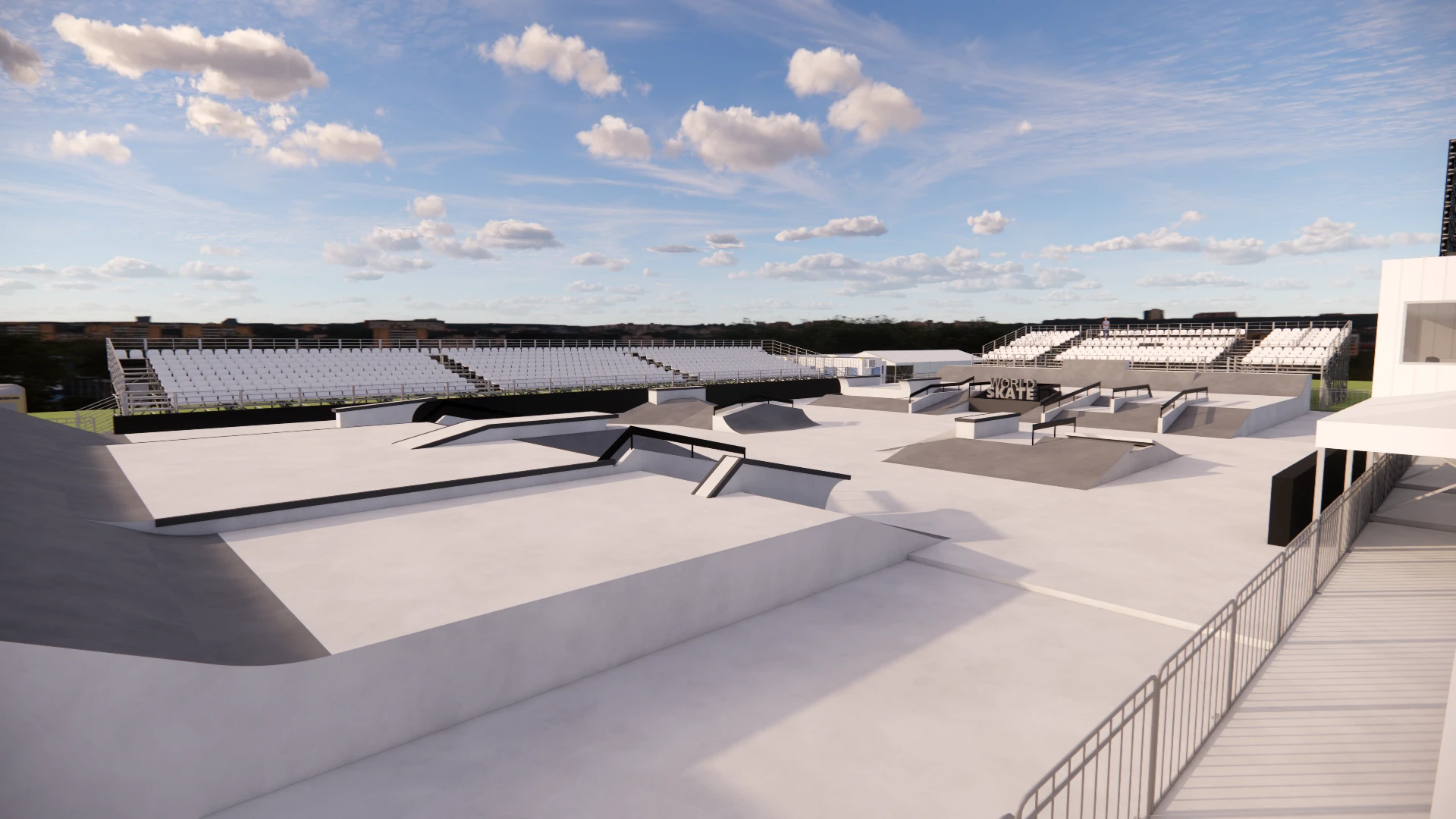 3D render of a street plaza with rails, banks and grandstands, World Skate branded