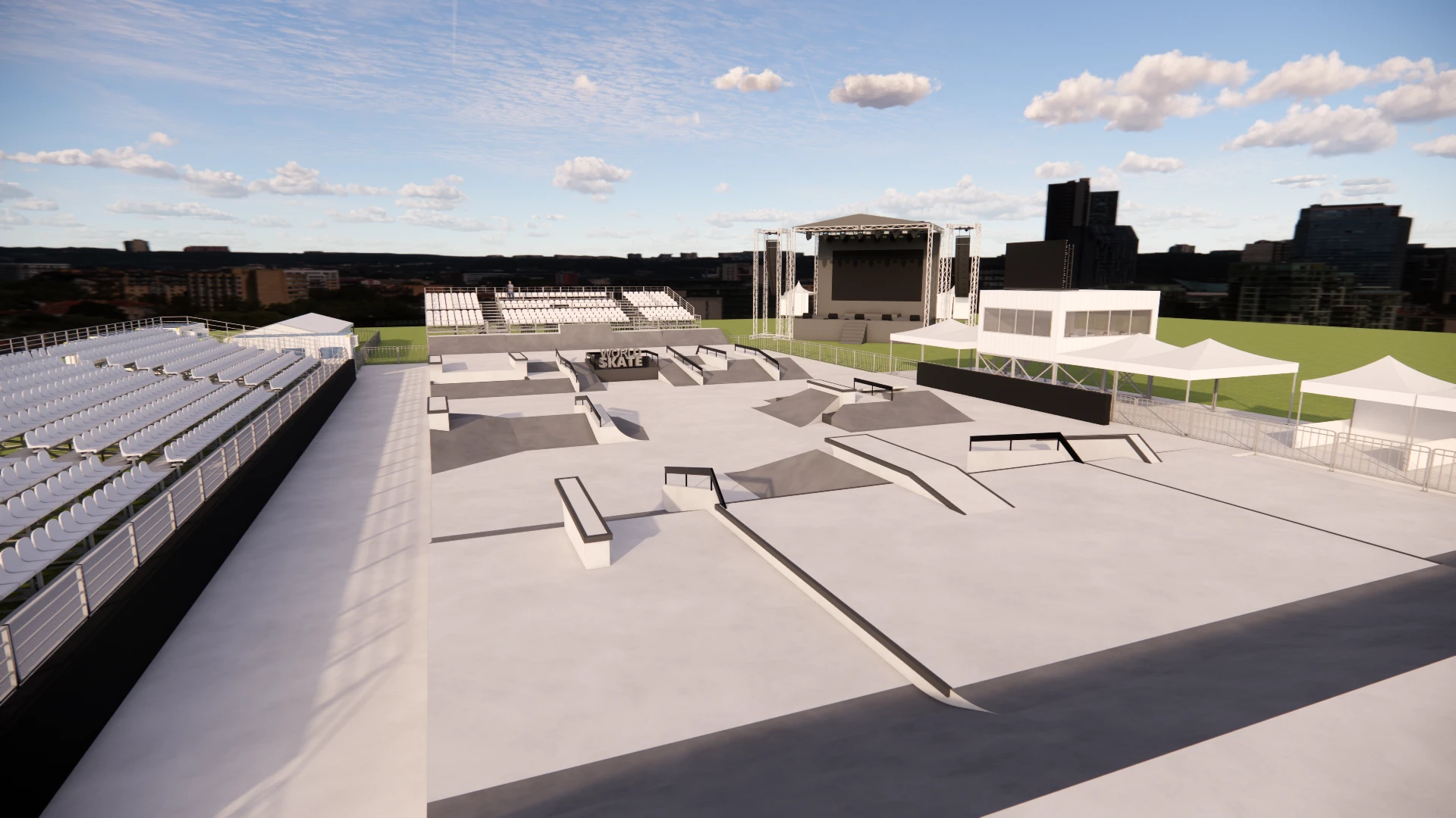 3D render of a street plaza with grandstands and a festival stage in the background